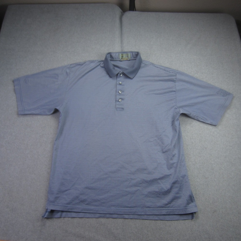 Descente Polo‎ Shirt Mens Large Blue Stripe Short Sleeve Golf Logo Performance